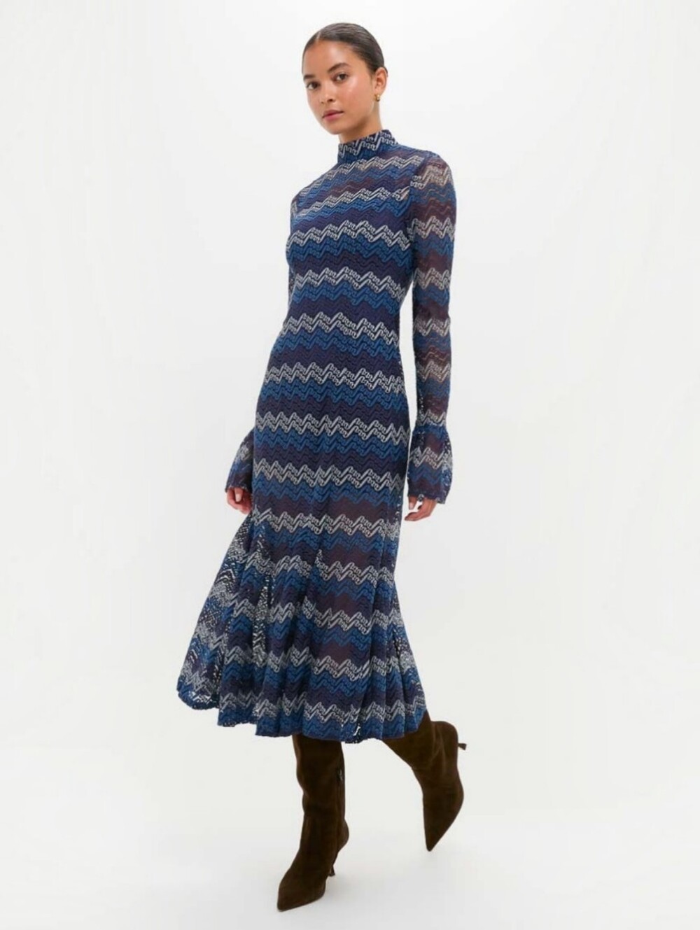 En Saison Lorrae Navy Tonal Zigzag/Chevron Pattern Lace Midi Dress, M, Boho Fall - Picture 9 of 16